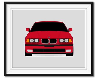 Pode incluir: Um carro vermelho BMW Série 3 com uma grelha frontal e faróis pretos. O carro está virado para a câmera.