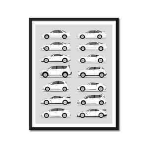 Peut inclure: Un dessin au trait noir et blanc d'une vue de côté de 10 modèles de voitures différents. Les voitures sont toutes blanches et sont disposées en deux rangées de cinq. Les voitures sont toutes orientées vers le côté droit de l'image.