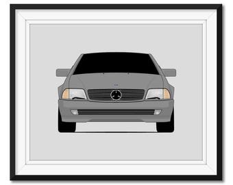 Op de afbeelding: Een grijze Mercedes-Benz SL-Klasse cabriolet met een zwarte grille en koplampen. De auto is gericht op de camera.