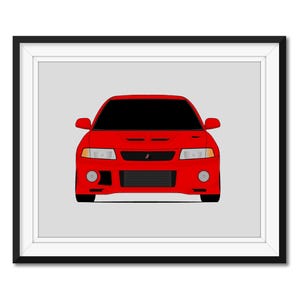 Puede incluir: Un coche rojo Mitsubishi Lancer Evolution con una parrilla delantera negra y faros negros. El coche está mirando hacia la cámara.