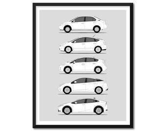 Poster auto ispirato alla Toyota Prius (profilo laterale) Stampa artistica da parete Decorazione di Toyota Prius XW10 XW20 XW30 XW40 Generazioni Storia Evoluzione BX1