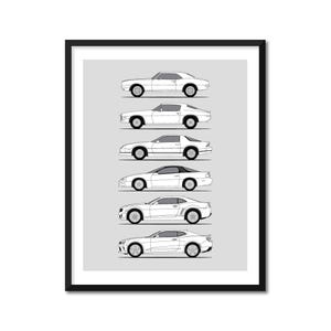 Op Chevy Camaro Generations (1967-heden) geïnspireerde poster (zijprofiel) print kunst van de geschiedenis evolutie Chevrolet Camaro BX1 (ingelijst)