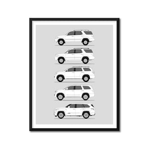 Könnte beinhalten: Eine Schwarzweiß-Zeichnung von fünf weißen Toyota Sequoias aus verschiedenen Modelljahren, jede mit einem anderen Frontendesign. Die Fahrzeuge sind in einer Reihe vom ältesten bis zum neuesten angeordnet.