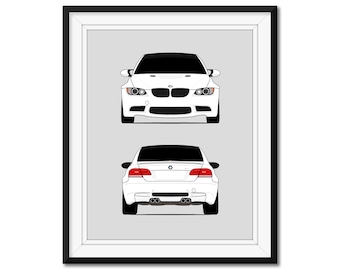 Poster auto ispirato alla BMW M3 E92 (2007-2013) (anteriore e posteriore), stampa artistica da parete, decorazione BMW M Power (E91, E93) DX1 (senza cornice)