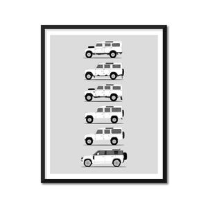 May include: A black and white line drawing of a white Land Rover Defender in six different configurations, starting with the original model and ending with the latest model. The drawing is on a light grey background.