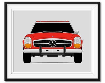 Może przedstawiać: Czerwony zabytkowy samochód Mercedes-Benz z czarną kratką i chromowanymi zderzakami. Samochód jest skierowany w stronę aparatu i znajduje się na jasnoszarym tle.