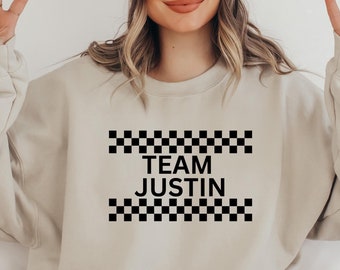 Team Justin Sweatshirt: Movie Fan Support, Unisex Crewneck