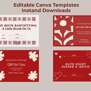 Printable Gift Certificates Bundle, Editable Canva Gift Cards, Babysitting, Date Night, Chores, Me Time, Digital Download, Instant Download