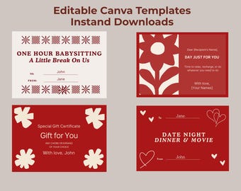 Printable Gift Certificates Bundle, Editable Canva Gift Cards, Babysitting, Date Night, Chores, Me Time, Digital Download, Instant Download