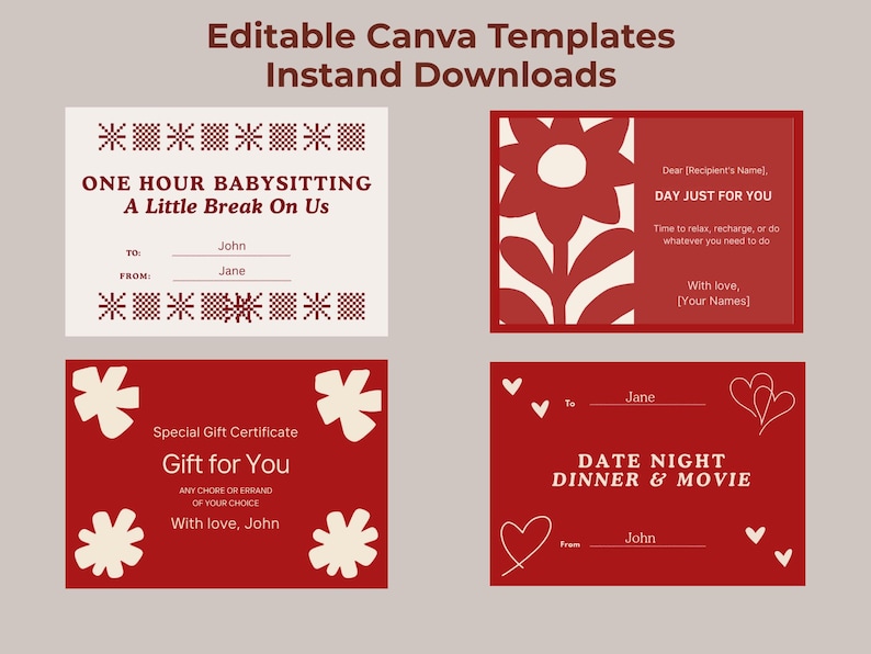 Printable Gift Certificates Bundle, Editable Canva Gift Cards, Babysitting, Date Night, Chores, Me Time, Digital Download, Instant Download image 1