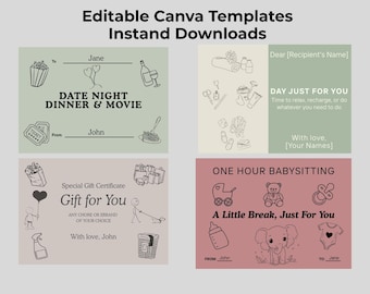 Printable Gift Certificates Bundle, Editable Canva Gift Cards, Babysitting, Date Night, Chores, Me Time, Digital Download, Instant Download