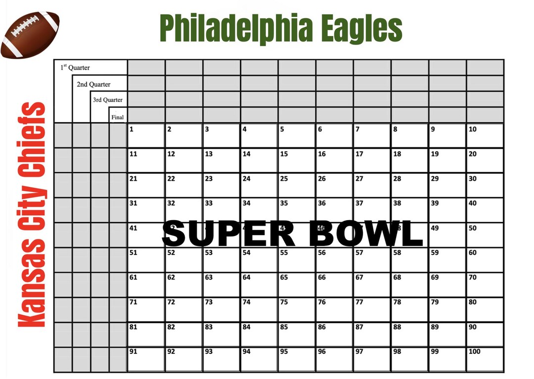 Printable Super Bowl Squares Classic 100 Numbers, Squares Game Instant