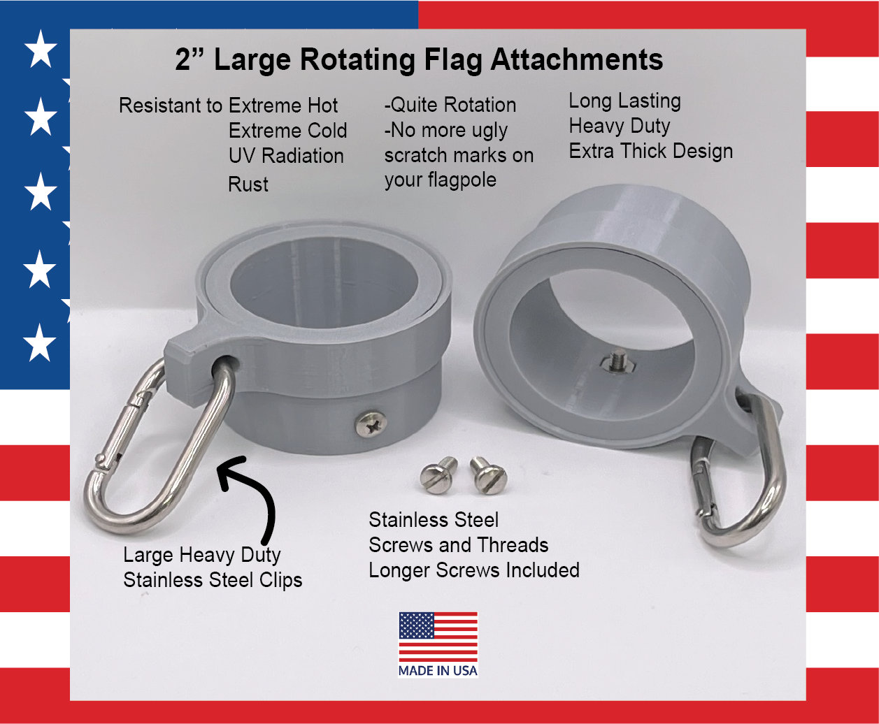 2 Inch Flagpole Rotating Swivel Rings, Made in USA, 3D Printed, Flag Pole Anti Furl Tangle Wrap