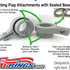 May include: Rotating flag attachment with sealed bearings. The attachment is made of gray plastic and has a vertical eyelet for flag alignment. It is designed to be resistant to hot desert, extreme cold, and UV radiation. The attachment features stainless steel screws, threads, and lock-nuts. The text "FLAGRINGS.com" is visible in the image.