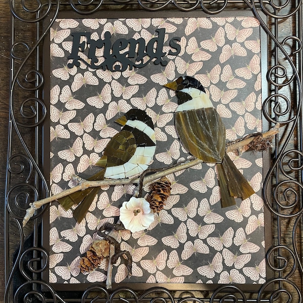 Stained glass chickadees, stained glass art, handmade, mosaic art, one of a kind, French country, Fall art