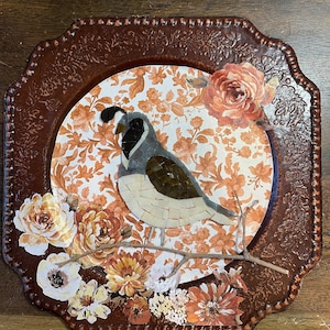 Stained glass quail, stained glass art, handmade, one of a kind, French country, fall decor, plate art