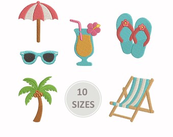 Summer Beach Embroidery Designs Bundle, Tropical Vacation Machine Embroidery, Palm Tree, Umbrella, Chair, Flip Flops, Sunglasses, Cocktail