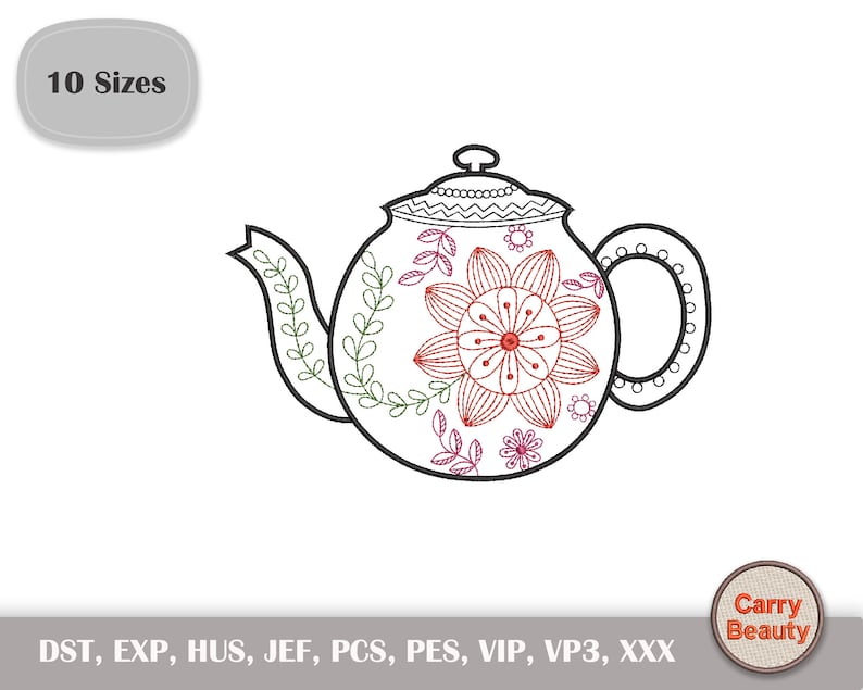May include: Embroidered design of a teapot with a floral pattern in shades of pink, red, and green. The teapot is outlined in black.