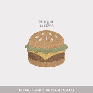 Può includere: Design di ricamo di hamburger con il testo "Burger 13 SIZES". L'hamburger presenta un panino strutturato, lattuga verde, una fetta di formaggio giallo e un patty marrone. Adatto a vari progetti di ricamo.