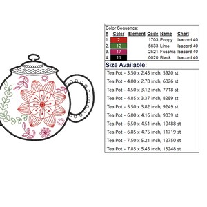 May include: A black and white outline of a teapot with a floral design in red, pink, and green. The teapot is available in various sizes, ranging from 3.50 x 2.43 inches to 7.85 x 5.45 inches.