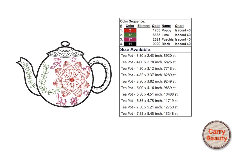 May include: A black and white outline of a teapot with a floral design in red, pink, and green. The teapot is available in various sizes, ranging from 3.50 x 2.43 inches to 7.85 x 5.45 inches.