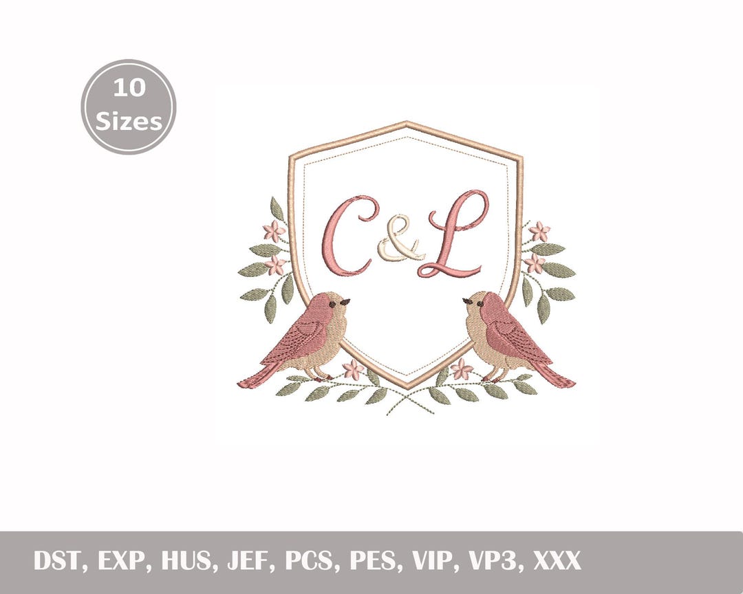 Bird Monogram Crest Embroidery Design, Floral Shield Frame, Romantic ...