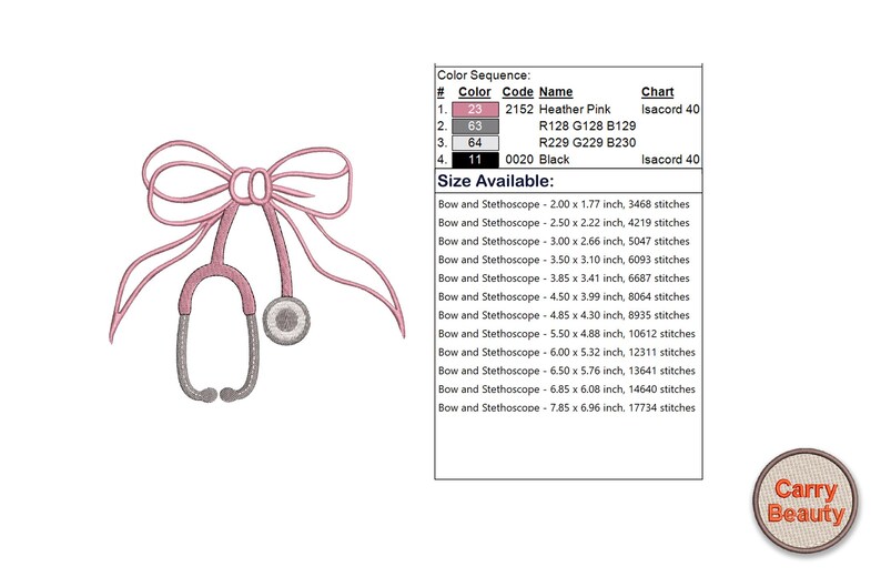 Pode incluir: Design bordado com la&ccedil;o rosa e estetosc&oacute;pio cinza e rosa. A imagem inclui uma tabela de sequ&ecirc;ncia de cores e informa&ccedil;&otilde;es de tamanhos dispon&iacute;veis. Ideal para projetos com tema m&eacute;dico.