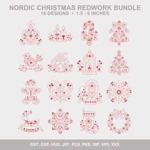 Nordic Christmas Redwork Embroidery Bundle, 16 Scandinavian Folk Christmas Machine Embroidery Designs, Holiday Redwork Pattern Set