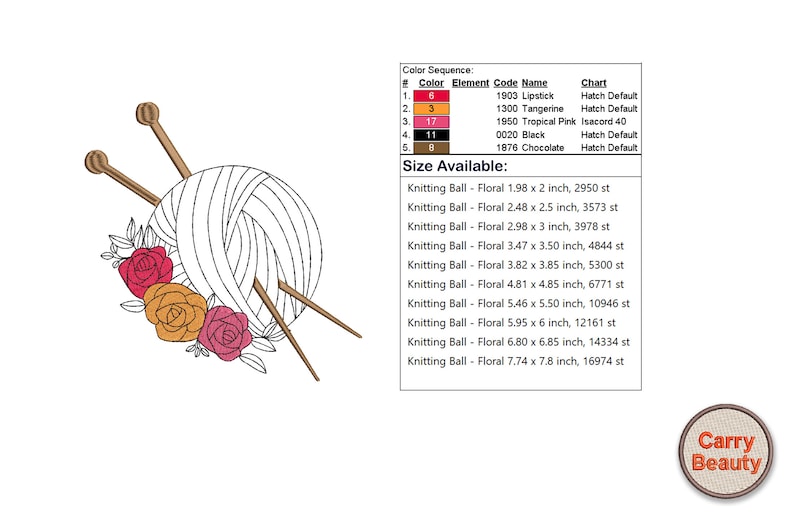 May include: A white yarn ball with two knitting needles and a floral design with red, orange, and pink roses. The yarn ball is 7.74 inches by 7.8 inches and has 16974 stitches.