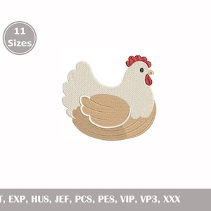 May include: An embroidered design of a hen in shades of beige and brown, with a red comb and beak. The design is a cartoon style, with the text "11 Sizes" in a circle above the hen. The bottom of the image contains text: DST, EXP, HUS, JEF, PCS, PES, VIP, VP3, XXX.