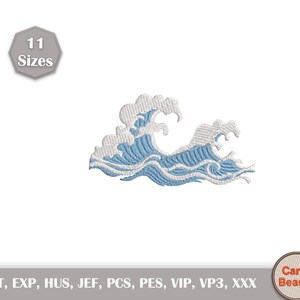 May include: Embroidered patch featuring a stylized ocean wave in shades of light blue and white. The design includes the text "11 Sizes" and the brand name "Carry Beauty".