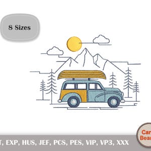 May include: An embroidered design of a light blue and yellow vintage car with a canoe on its roof, set against a mountain and forest backdrop. A yellow sun and white clouds complete the outdoor scene. The text "8 Sizes" is in a gray oval.