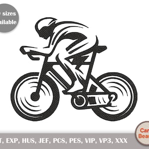 May include: Black and white embroidered design of a cyclist on a bicycle. The design includes the text "10 sizes Available" and the brand name "Carry Beauty". The image also includes embroidery file formats.