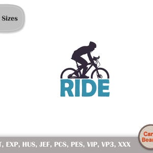 Könnte beinhalten: Silhouette einer Person, die Fahrrad fährt, mit dem Wort "RIDE" in blau darunter. Das Bild ist für Stickerei und in 11 Größen erhältlich.