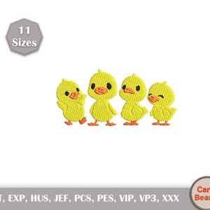 May include: Four yellow embroidered ducklings with orange beaks and feet. The ducklings have black eyes and are in various poses. The image includes the text "11 Sizes" and the words "Carry Beauty".