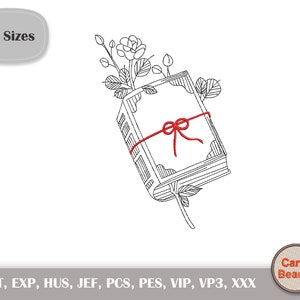 Puede incluir: Ilustración en blanco y negro de un libro atado con una cinta roja, con una rosa y hojas que brotan de la parte superior. La imagen incluye el texto "10 Sizes" en un óvalo gris. El logotipo de Carry Beauty está en la esquina inferior derecha.