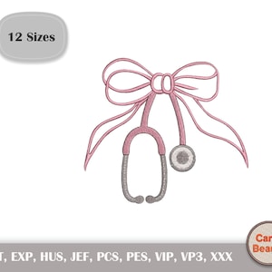 May include: A pink stethoscope design with a bow, perfect for medical professionals. The design includes the text "12 Sizes" and "Carry Beauty". The image is a digital embroidery design.