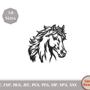 May include: Black and white line art of a horse's head, showcasing detailed mane and facial features. The image includes text indicating multiple sizes and embroidery file formats. A circular logo with the text "Carry Beauty" is also present.
