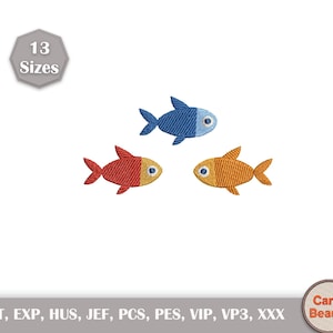 May include: Three embroidered fish in blue, red, and orange with yellow and blue accents. The fish are arranged on a white background. The image includes text that says "13 Sizes" and "Carry Beauty".