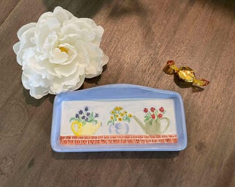 Cute Garden Themed Ceramic Tray, Watering Cans and Flowers