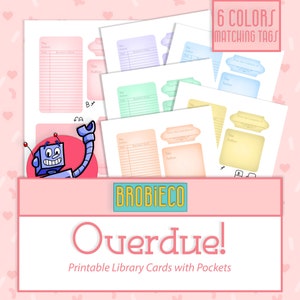 May include: Printable library cards with pockets in six different colors. Each card has a space for the title, author, and borrower's name. The cards are designed with a vintage aesthetic and include matching tags that say "From the Collection of".