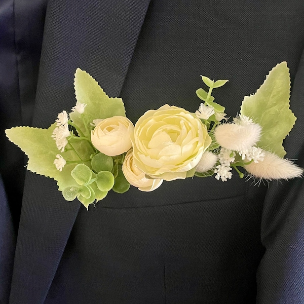 Pocket Boutonnière, Prom Boutonnière, Silk Flowers, Dried Flowers, White and Green, Rose, Ranunculus