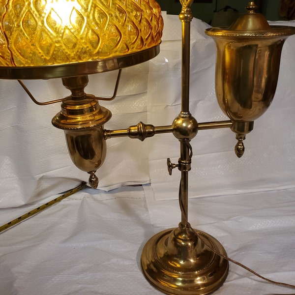 Vintage Brass Student Lamp with Hobnail Quilted Amber Shade