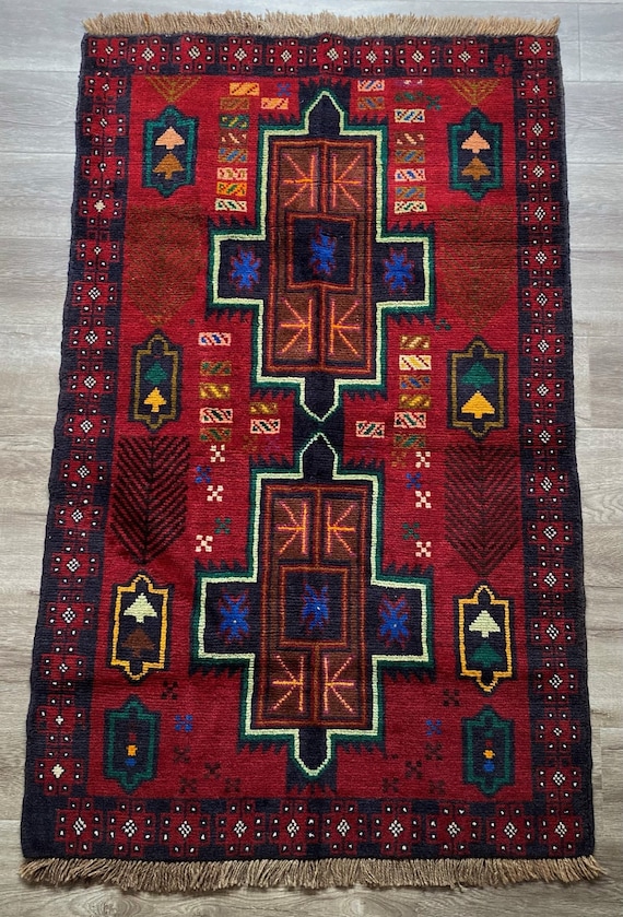 Hand Knotted Afghan Baluch Rug: Tribal Wool Rug (5 X 3 Ft