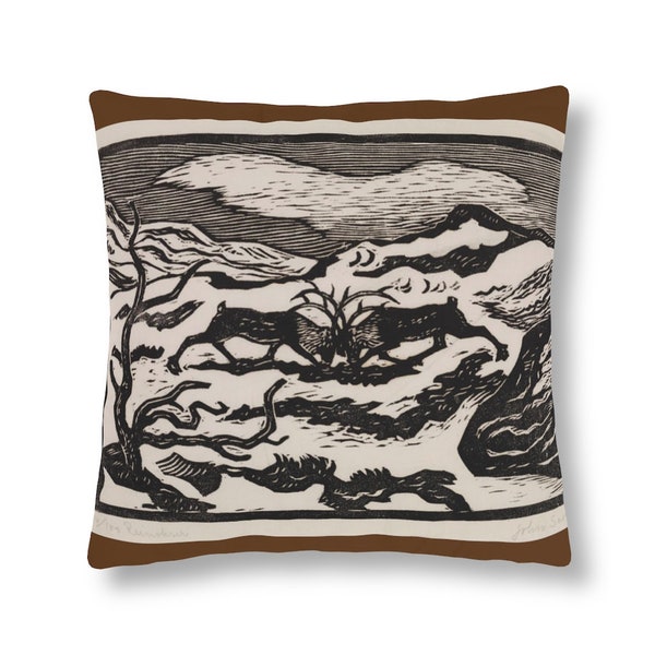 Indoor/Outdoor Waterproof Broadcloth Pillows, "Reindeer Bulls" by John Savio, woodcut rendering perfect for patio or firepit furniture