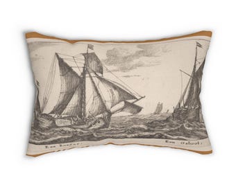 Lumbar PillowReiner Nooms_ a Boeier and a Galliot, Dark sand background,nautical theme,boat,baby room, nursing pillow,Spun Polyester 20&quot;x14&quot;