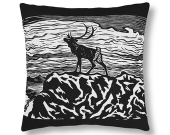 Waterproof Broadcloth Pillow,&quot;Alone&quot; woodcut by John Savio w/ black accent color, rustic outdoor decor for patio, camper, firepit, boat