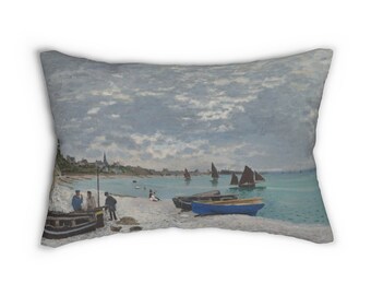Spun Polyester Lumbar Pillow,&quot;The Beach at Sainte-Adresse&quot; by Claude Monet, Signature Series, Impressionist painting of sea landscape