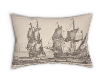 Lumbar Pillow, Reiner Nooms_ Two Merchant Men,Blue background,nautical theme, baby room, boat decor, nursing pillow, Spun Polyester