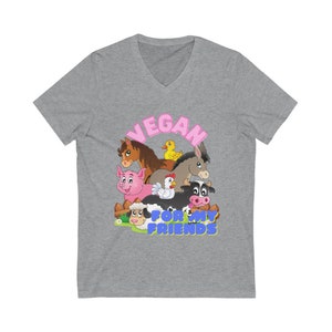 Unisex Jersey Short Sleeve V-Neck T shirt,"VEGAN For my Friends",Cute Cartoon Animal design by CloverRiot